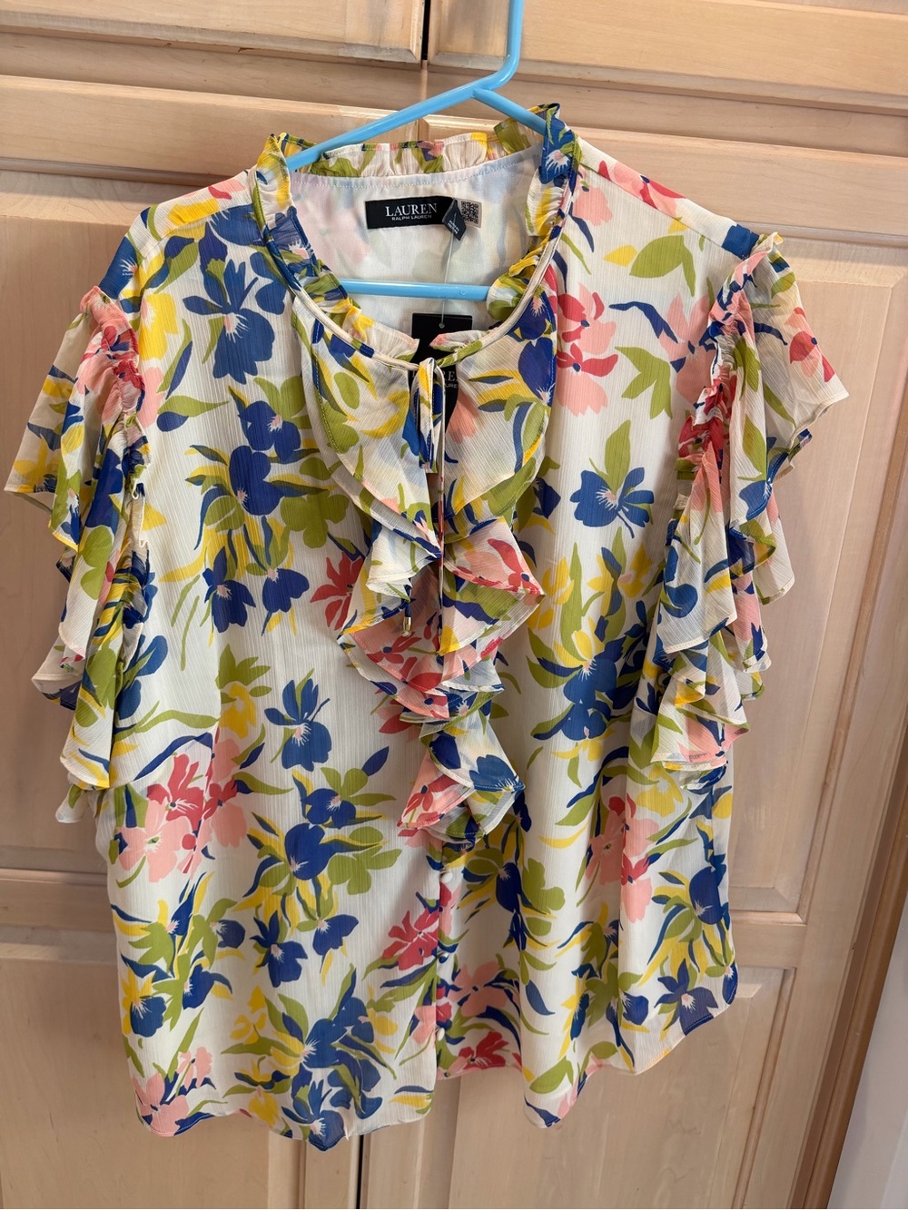Ralph Lauren Floral Ruffle Sleeve Blouse in Cream, Blue, Pink, Green, Yellow 3X